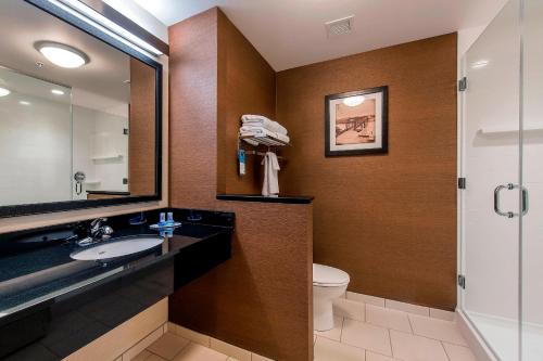 W łazience znajduje się umywalka, toaleta i lustro. w obiekcie Fairfield Inn & Suites by Marriott Leavenworth w mieście Leavenworth