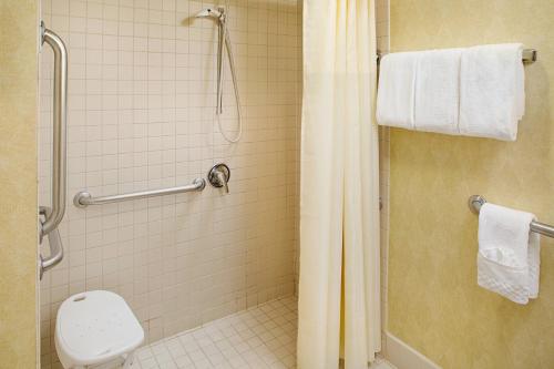 uma casa de banho com um chuveiro, um WC e um lavatório. em Residence Inn Houston - West University em Houston