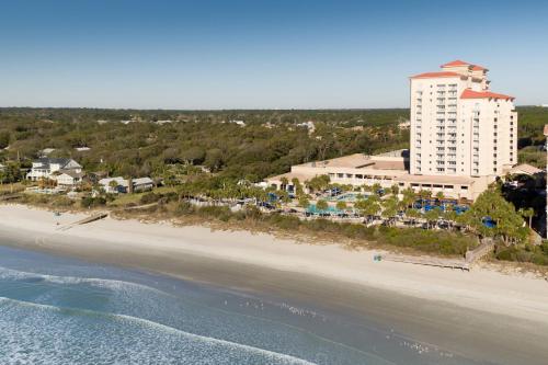 an aerial view of a hotel and the beach at Marriott Myrtle Beach Resort & Spa at Grande Dunes in Myrtle Beach