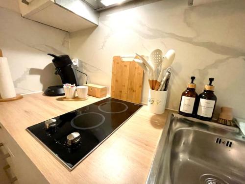 eine Küche mit einem Waschbecken und einer Theke mit Weinflaschen in der Unterkunft Appartement - Lit Queen Size - Proximité Genève in Saint-Julien-en-Genevois