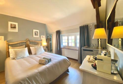 a bedroom with a bed and a desk with a laptop at La Maison de Manolie in Courcelles-Sapicourt