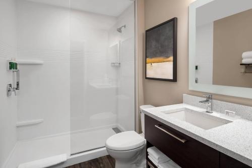 a bathroom with a toilet and a sink and a shower at TownePlace Suites by Marriott Twin Falls in Twin Falls