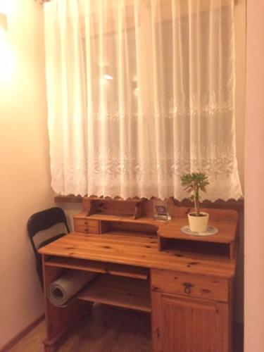a wooden desk with a potted plant in front of a window at Mieszkanie Diamentowa in Gdańsk