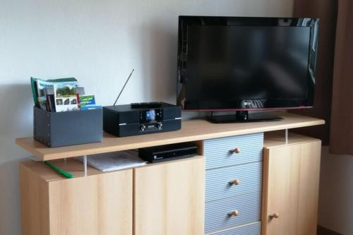 a tv on top of a wooden entertainment center at Flat in Polle near the forest in Polle