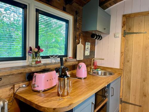a kitchen with a counter with a pink appliance on it at Skipbridge Farm Glamping in Green Hammerton