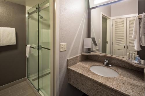 a bathroom with a sink and a glass shower at Courtyard by Marriott Rock Hill in Rock Hill