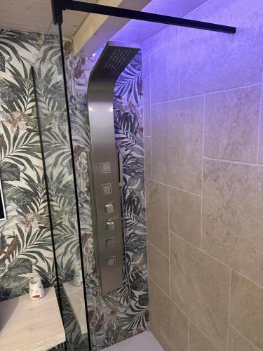 La salle de bains est pourvue d'une douche à l'italienne et d'un mur violet. dans l'établissement L'Antica Dimora in Centro, à Bari