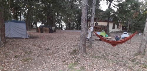 eine Hängematte im Hof mit Zelt in der Unterkunft Къмпинг ЕНЕРДЖИ in Warna