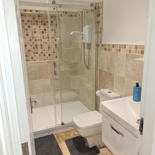 a bathroom with a shower and a toilet and a sink at Cozy apartment in Burton town centre in Burton upon Trent