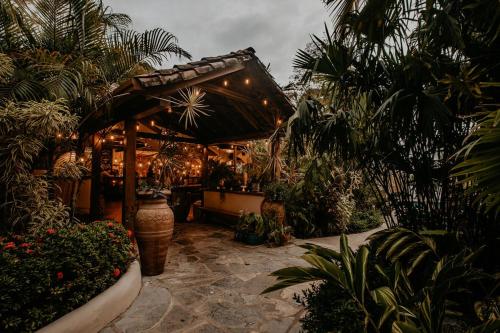 a patio with a restaurant with a bunch of plants at Sansara Surf Yoga & Resort in Cambutal