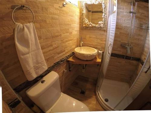 a bathroom with a toilet and a sink and a shower at Ladario Studios in Sarti