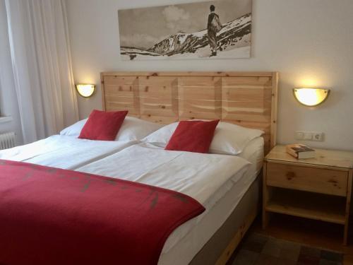 1 dormitorio con 1 cama grande con almohadas rojas en Apartment Schmiderer, en Landeck
