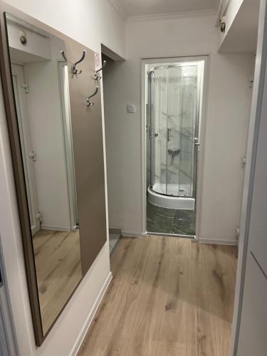 an empty room with a mirror and a bathroom at Apartment VBK Osijek in Osijek