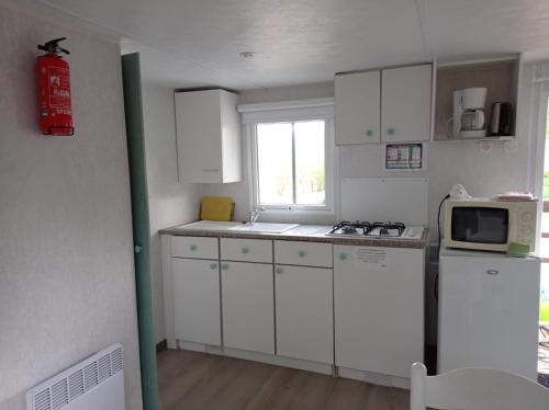 CAMPING LE BEL AIR mobil home LE PALMIER 4 personnes في Limogne-en-Quercy: مطبخ صغير مع دواليب بيضاء وميكرويف