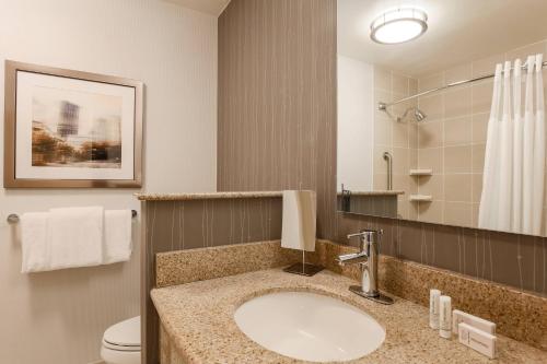 a bathroom with a sink and a toilet and a mirror at Courtyard by Marriott Pittsburgh Downtown in Pittsburgh