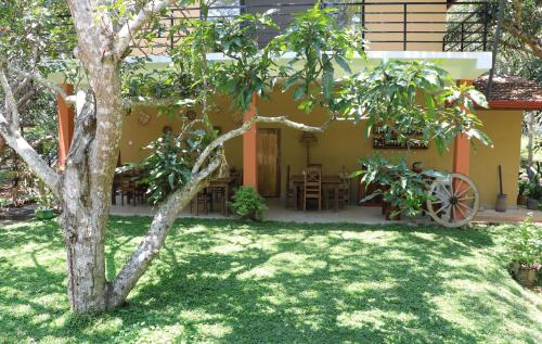 a yellow house with a tree in the yard at Bissa Villa in Habarana