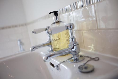 a bathroom sink with a soap bottle on it at Ford Hill Cottage in East Down