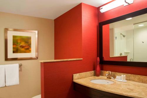 a bathroom with a sink and a mirror at Courtyard Peoria Downtown in Peoria