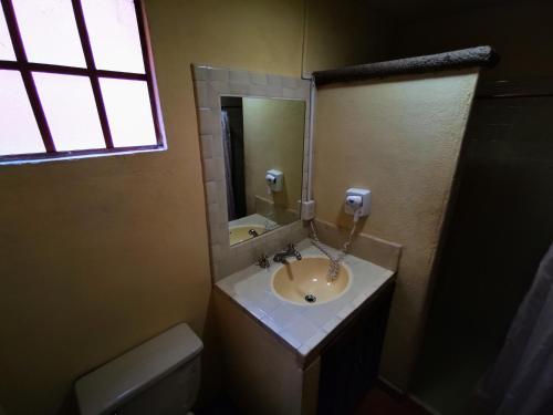 a bathroom with a sink and a toilet and a mirror at Hotel Chocolate Suites in Guanajuato