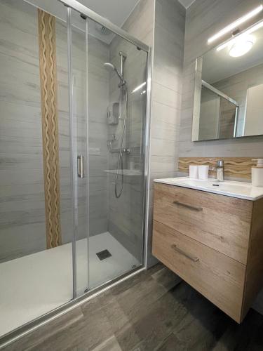 a bathroom with a glass shower and a sink at Jardin privé 1 in La Ravoire