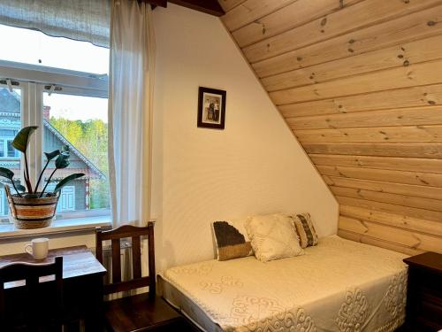 a bedroom with a bed in a room with a window at Leśne PoBudki in Białowieża