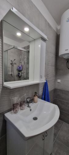 a bathroom with a white sink and a mirror at Apartman Visnja in Subotica
