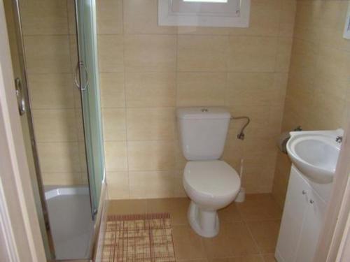 a bathroom with a toilet and a sink and a shower at Ferienhaus in Dziwnw mit Terrasse, Garten und Grill in Dziwnów