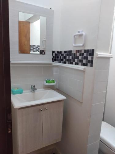 ein Badezimmer mit einem Waschbecken, einem Spiegel und einem WC in der Unterkunft Los Girasoles del Sur in Wilde