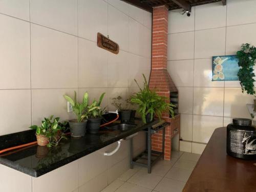 a kitchen with a counter with potted plants on it at Hotel Pousada Paraiso - Número 124 in Guarapari