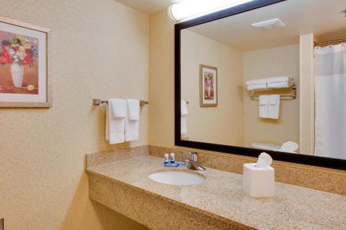 Fairfield Inn and Suites South Hill I-85 في ساوث هيل: حمام مع حوض ومرآة كبيرة
