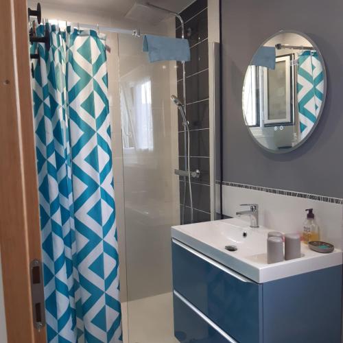La salle de bains est pourvue d'un rideau de douche bleu et d'un lavabo. dans l'établissement PILOUBELLE, à Châteauneuf-de-Châbre