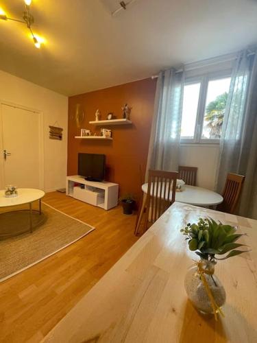 a living room with a table and a television at Le floquet in Vitry-sur-Seine