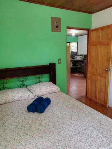 a bedroom with a bed with blue pillows on it at La casita JSL in Ramos