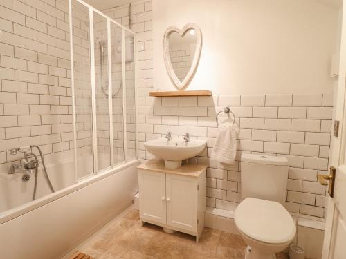 een badkamer met een wastafel, een toilet en een spiegel bij 2 White Street in Penmachno