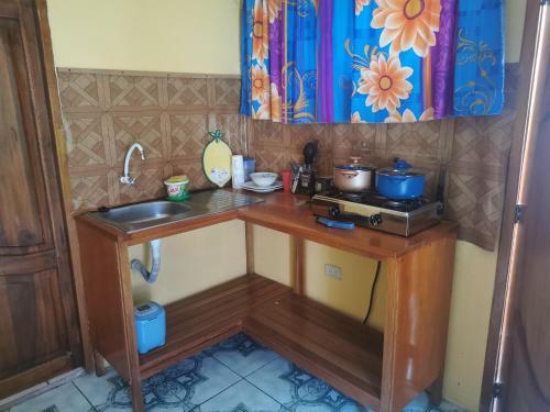 cocina pequeña con fregadero y fogones en Mark’s home, en Puerto Ayora