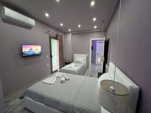a bedroom with two beds and a tv on the wall at Villa Klajdi in Përmet