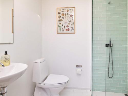ein Bad mit einem WC, einem Waschbecken und einer Dusche in der Unterkunft Holiday home Øster Assels VII in Øster Assels