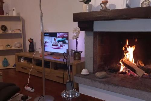 a living room with a fireplace and a tv at Armonia edificio storico del 1563. in Cevio