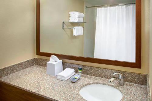 a bathroom with a sink and a mirror at Four Points by Sheraton Charleston in Charleston