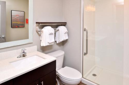 a bathroom with a shower and a toilet and a sink at TownePlace Suites by Marriott Laplace in Laplace