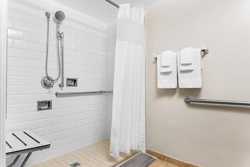 a shower with a shower curtain in a bathroom at Marriott's Grande Vista in Orlando