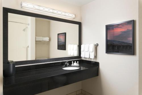 諾克斯維爾的住宿－Fairfield by Marriott Inn & Suites Knoxville Turkey Creek，浴室设有黑色水槽和大镜子