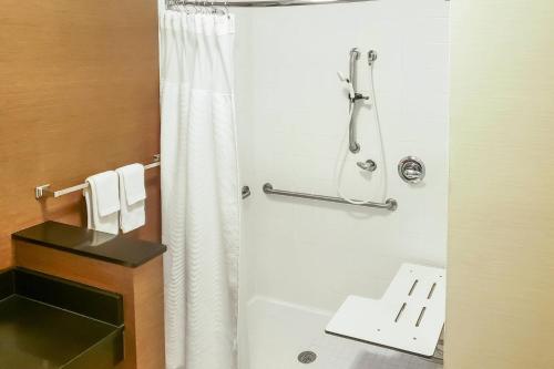 a bathroom with a shower with a white shower curtain at Fairfield Inn & Suites Waco South in Waco