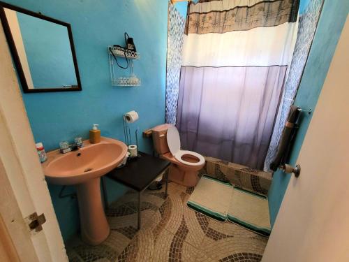 ein Badezimmer mit einem rosa WC und einem Waschbecken in der Unterkunft Comfort Suites - Two Bedroom Apartment in Choiseul