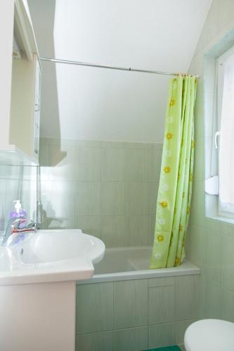 a bathroom with a sink and a shower curtain at House Plitvice in Plitvička Jezera