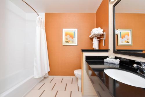 a bathroom with a toilet and a sink and a mirror at Fairfield Inn & Suites by Marriott Santa Cruz in Santa Cruz