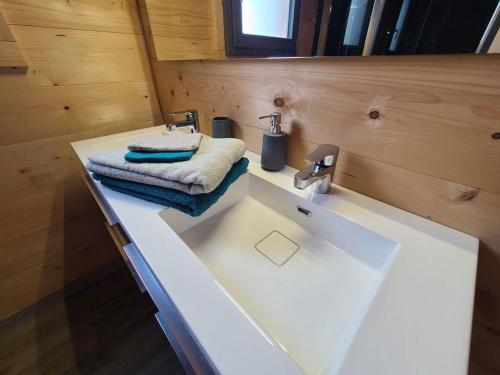 baño con lavabo y encimera con toallas en Gîte Girmont-Val-d'Ajol, 4 pièces, 6 personnes - FR-1-589-472 en Girmont-Val-dʼAjol