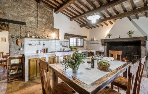 a large kitchen with a table and a fireplace at Villa Arzilla in Vitorchiano