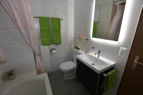 uma casa de banho com um lavatório, um WC e um espelho. em Ferienwohnung mit wunderschöner Aussicht em Krattigen