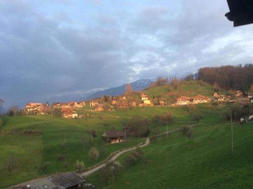um campo verde com casas numa colina em Ferienwohnung mit wunderschöner Aussicht em Krattigen